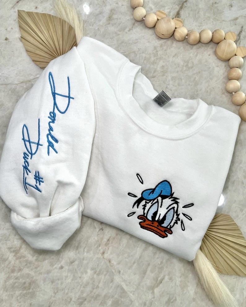 Donald Duck Inspired Autograph Crewneck, Embroidered Sweater, Sleeve Embroidery, Character, Signature, Magical Sweater