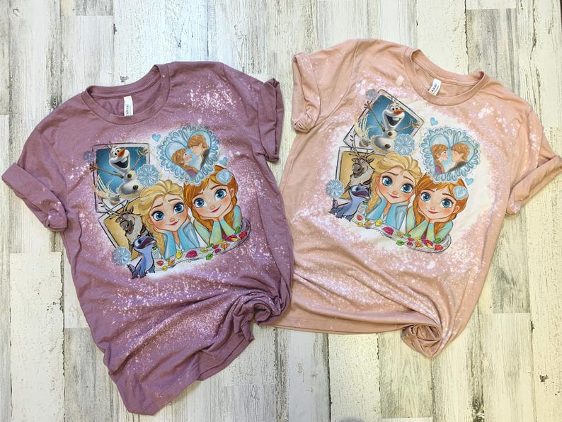 Anna Elsa Polaroid tshirt, bleached disney princess shirt, kids princesses shirt, girls disney Frozen bleach washed, bleached princess tee