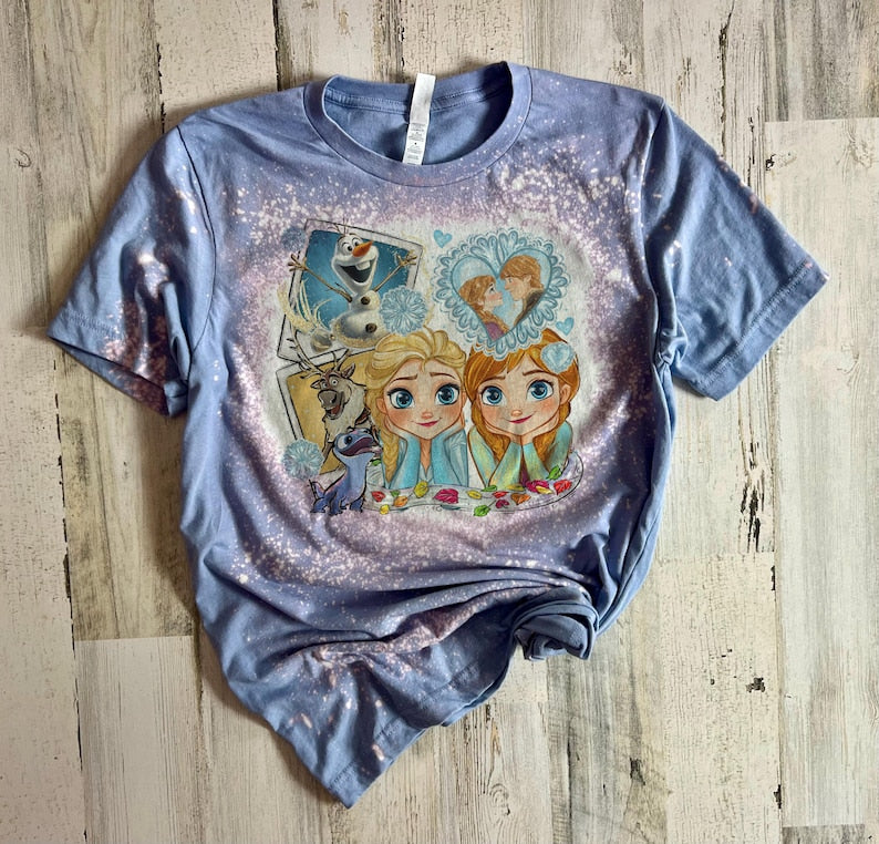 Anna Elsa Polaroid tshirt, bleached disney princess shirt, kids princesses shirt, girls disney Frozen bleach washed, bleached princess tee