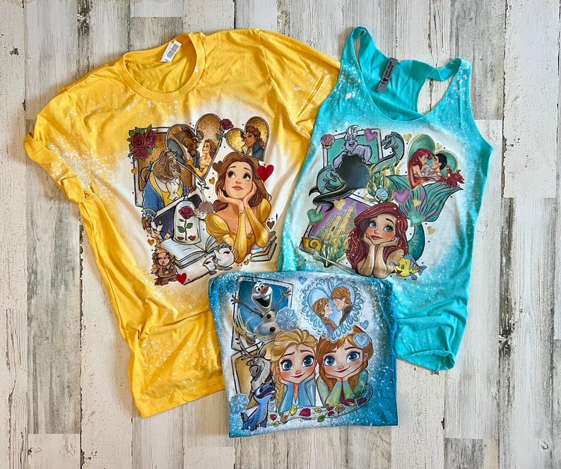 Anna Elsa Polaroid tshirt, bleached disney princess shirt, kids princesses shirt, girls disney Frozen bleach washed, bleached princess tee