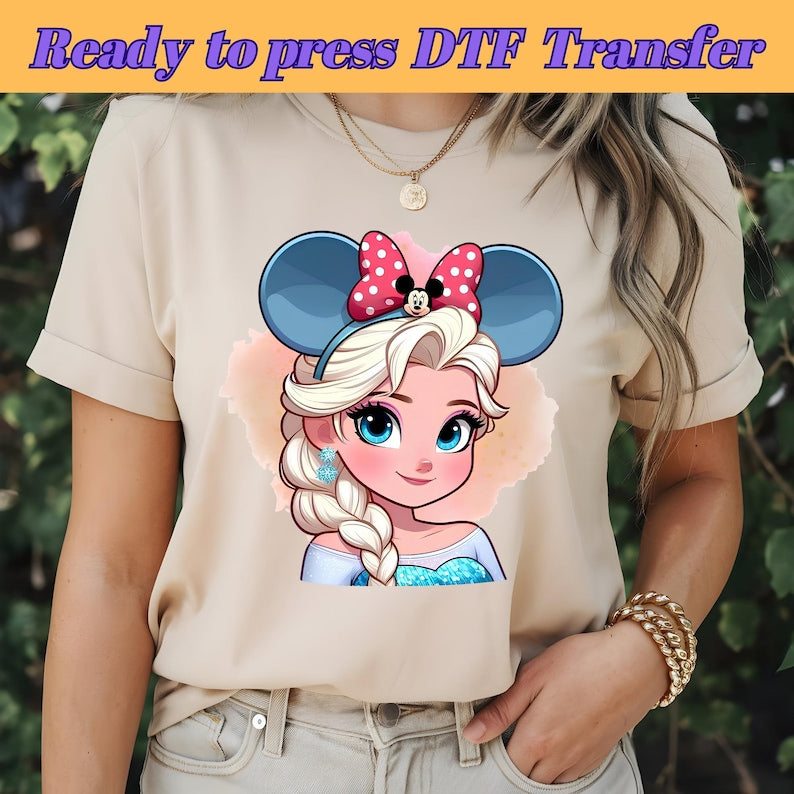DTF Princess Elsa, Frozen Elsa , Coquette Bow Minnie, Watercolor Elsa, Princess Birthday, DTF Transfer, Ready To Press, Direct to Film