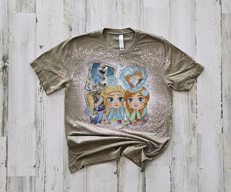 Anna Elsa Polaroid tshirt, bleached disney princess shirt, kids princesses shirt, girls disney Frozen bleach washed, bleached princess tee