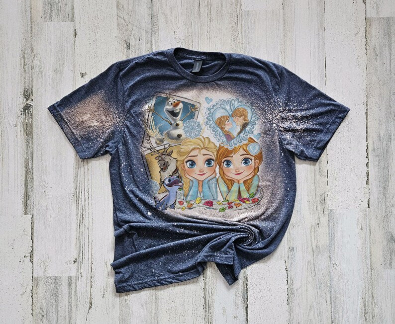 Anna Elsa Polaroid tshirt, bleached disney princess shirt, kids princesses shirt, girls disney Frozen bleach washed, bleached princess tee