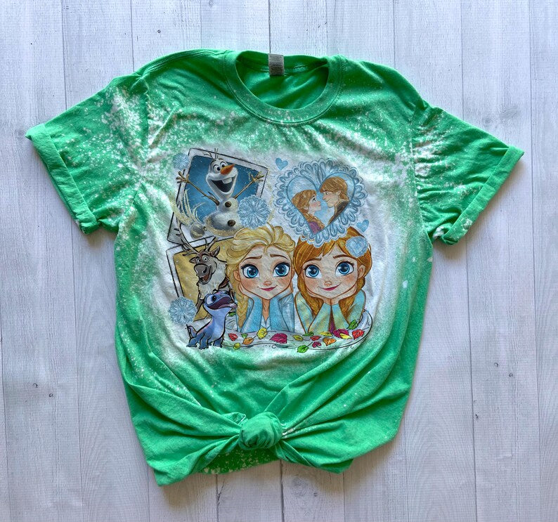 Anna Elsa Polaroid tshirt, bleached disney princess shirt, kids princesses shirt, girls disney Frozen bleach washed, bleached princess tee