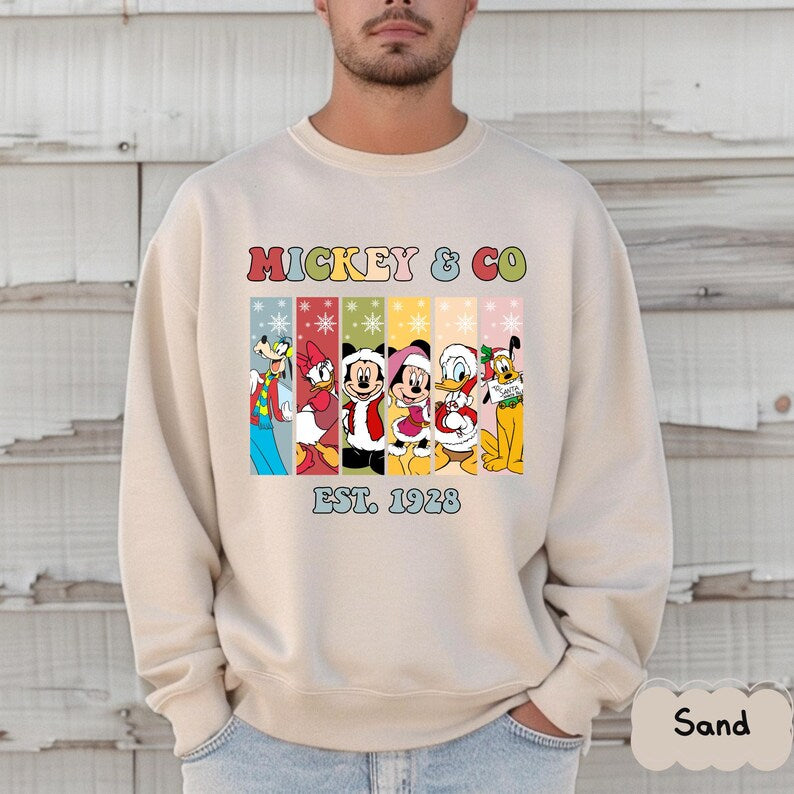Mickey and Friends Christmas Sweatshirt, Mickey Minnie Donald Daisy Pluto Goofy Shirt, Disney Holiday Family Matching Shirt, EST. 1928