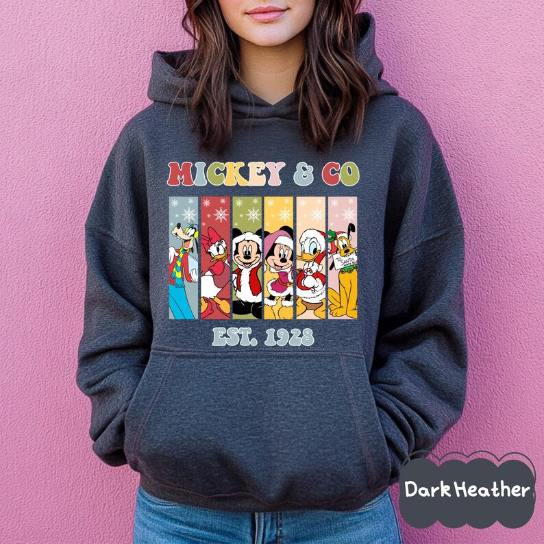 Mickey and Friends Christmas Sweatshirt, Mickey Minnie Donald Daisy Pluto Goofy Shirt, Disney Holiday Family Matching Shirt, EST. 1928