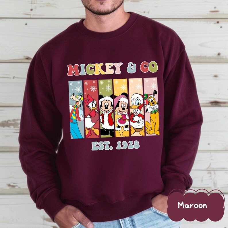 Mickey and Friends Christmas Sweatshirt, Mickey Minnie Donald Daisy Pluto Goofy Shirt, Disney Holiday Family Matching Shirt, EST. 1928