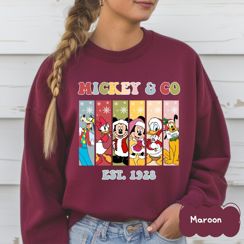 Mickey and Friends Christmas Sweatshirt, Mickey Minnie Donald Daisy Pluto Goofy Shirt, Disney Holiday Family Matching Shirt, EST. 1928