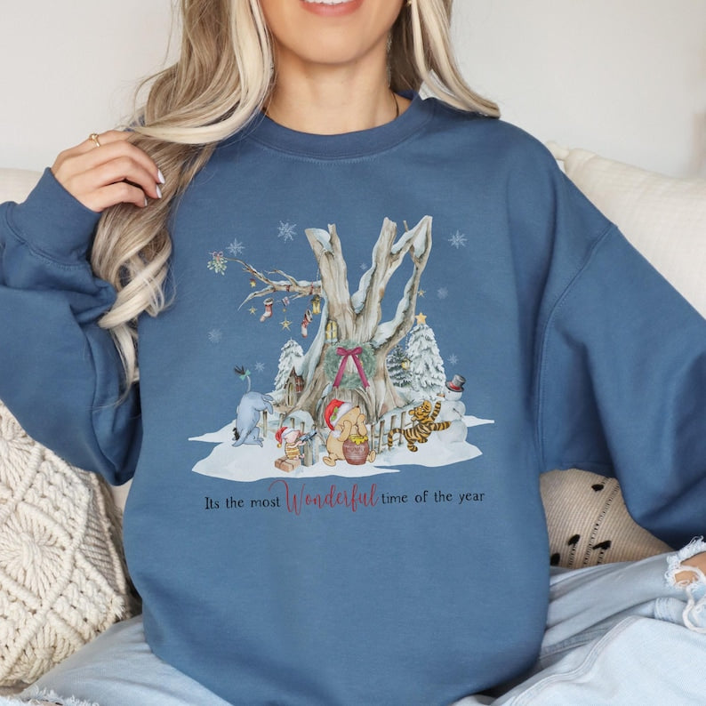 Vintage Winnie the Pooh Christmas Sweatshirt, Holiday Snow Scene, Tigger Piglet Eeyore Cozy Xmas Sweater, Watercolor Holiday Shirt