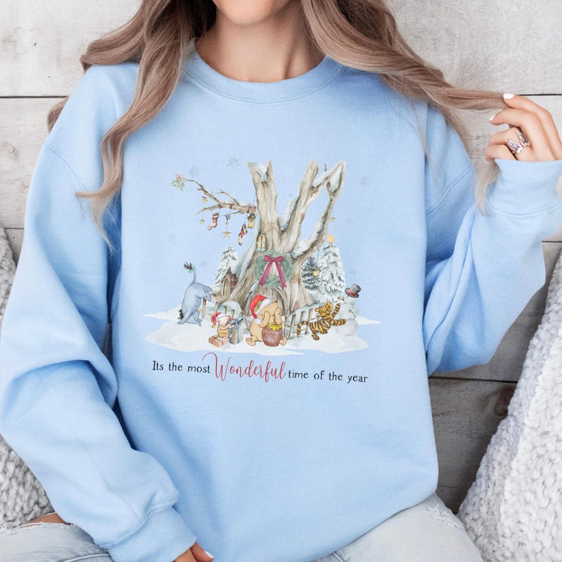 Vintage Winnie the Pooh Christmas Sweatshirt, Holiday Snow Scene, Tigger Piglet Eeyore Cozy Xmas Sweater, Watercolor Holiday Shirt