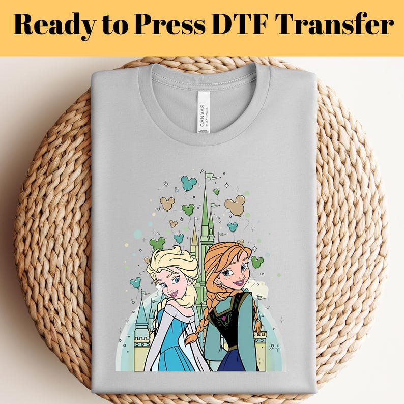 Frozen Elsa Anna Castle Balloons DTF Transfer, Princess Sisters Pastel Disney Trip Shirt, Matching Family Vacation Tee, Ready to Press
