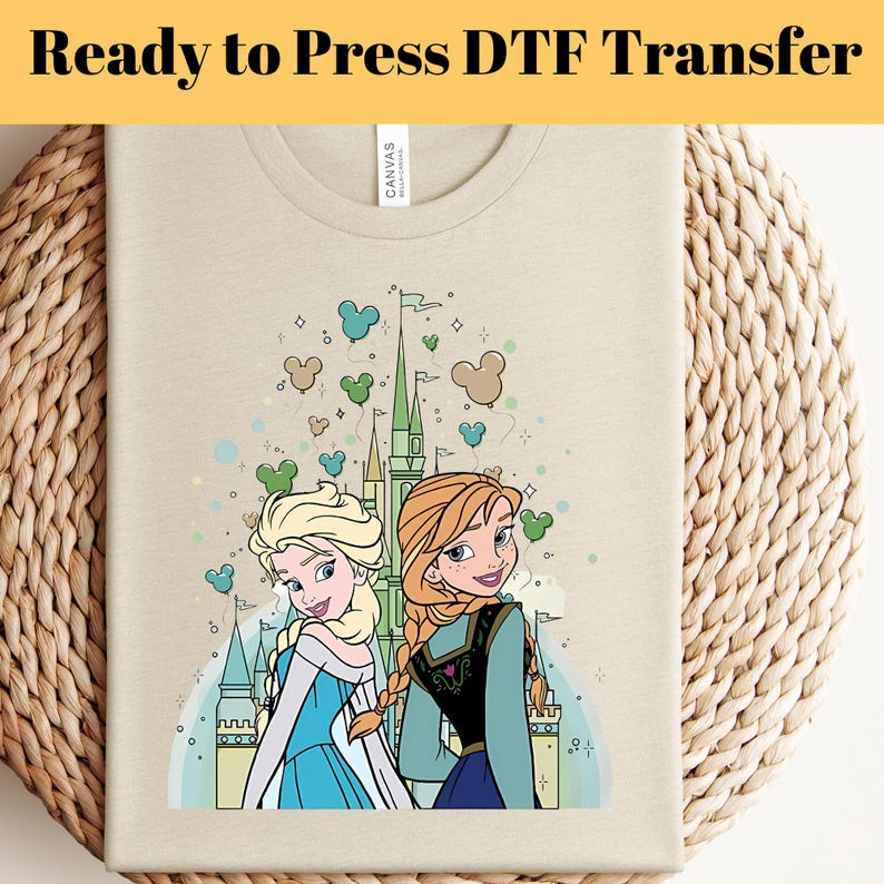 Frozen Elsa Anna Castle Balloons DTF Transfer, Princess Sisters Pastel Disney Trip Shirt, Matching Family Vacation Tee, Ready to Press
