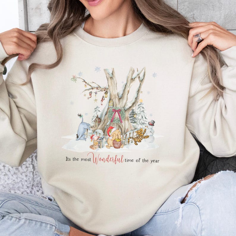 Vintage Winnie the Pooh Christmas Sweatshirt, Holiday Snow Scene, Tigger Piglet Eeyore Cozy Xmas Sweater, Watercolor Holiday Shirt
