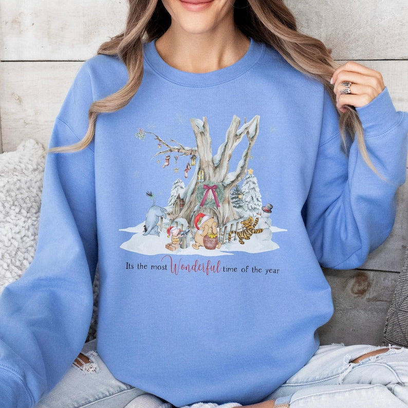 Vintage Winnie the Pooh Christmas Sweatshirt, Holiday Snow Scene, Tigger Piglet Eeyore Cozy Xmas Sweater, Watercolor Holiday Shirt