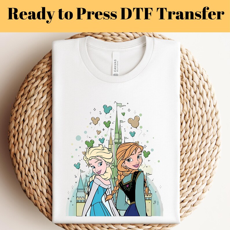 Frozen Elsa Anna Castle Balloons DTF Transfer, Princess Sisters Pastel Disney Trip Shirt, Matching Family Vacation Tee, Ready to Press