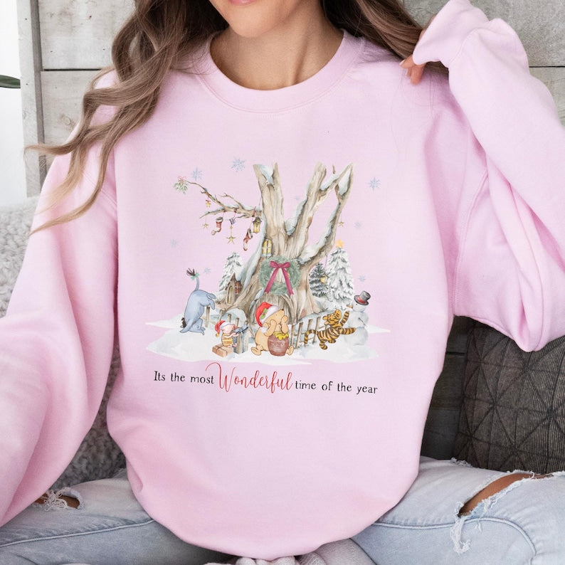 Vintage Winnie the Pooh Christmas Sweatshirt, Holiday Snow Scene, Tigger Piglet Eeyore Cozy Xmas Sweater, Watercolor Holiday Shirt