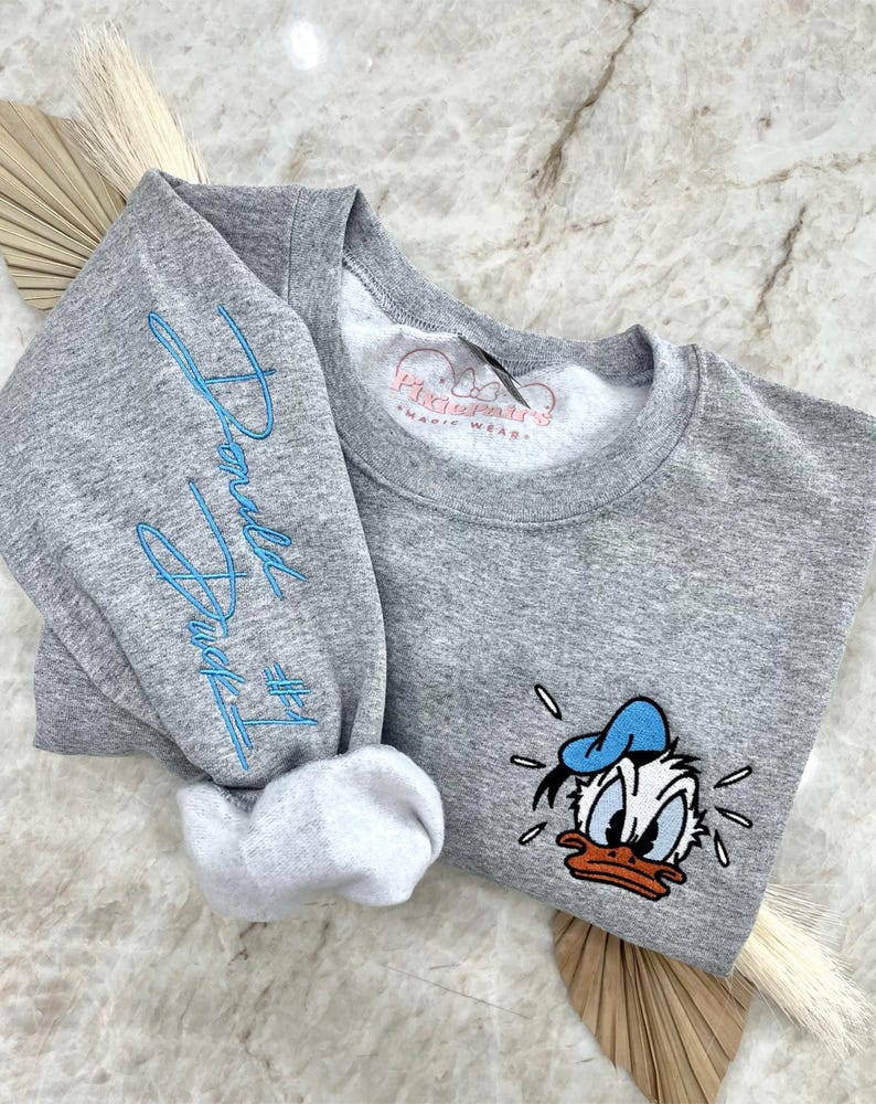 Donald Duck Inspired Autograph Crewneck, Embroidered Sweater, Sleeve Embroidery, Character, Signature, Magical Sweater
