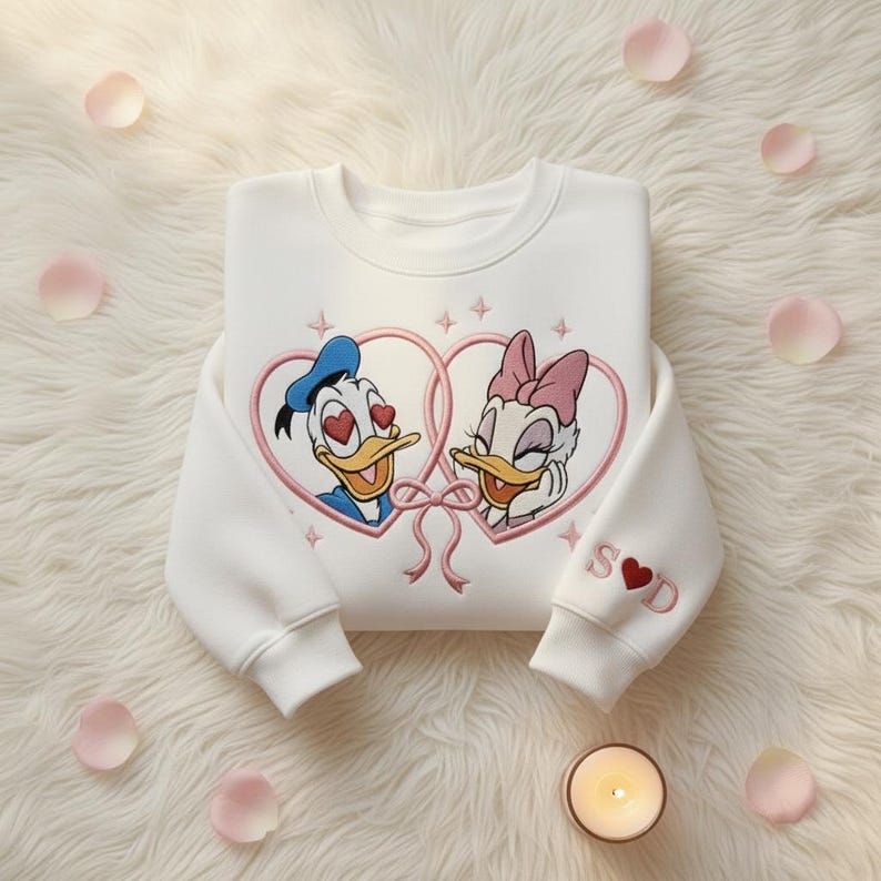 Custom Embroidered Donald and Daisy Valentine Sweatshirt, Disney Valentine Shirt, Disney Couple Hoodie, Cute Disneyland Love Embroidery Gift