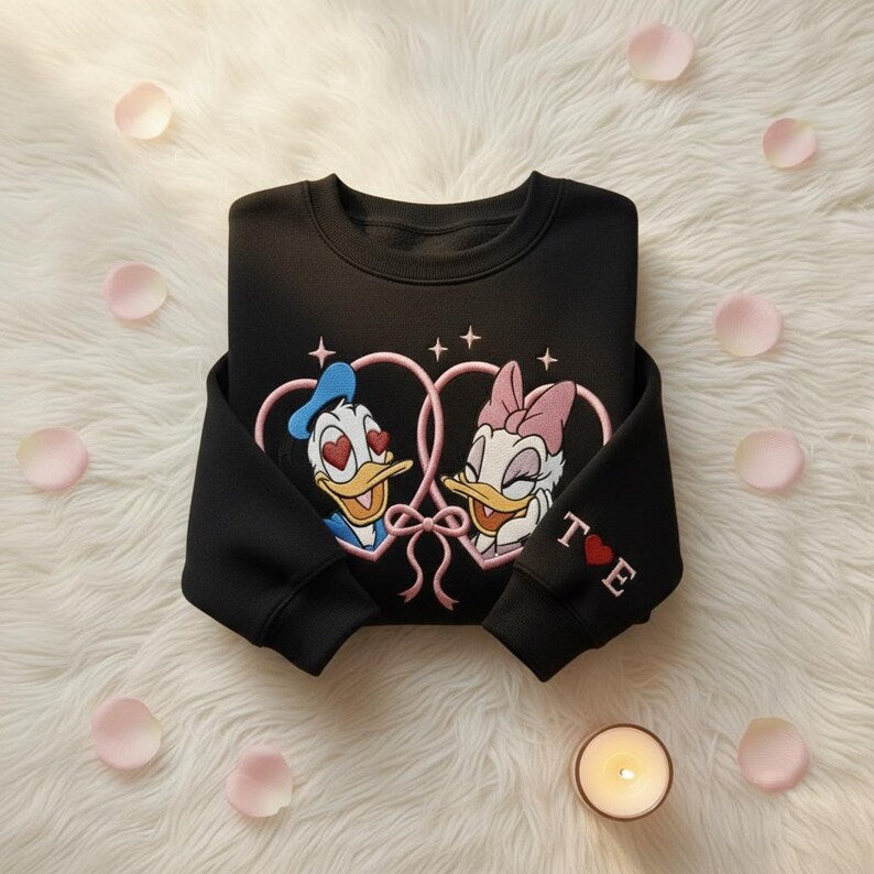 Custom Embroidered Donald and Daisy Valentine Sweatshirt, Disney Valentine Shirt, Disney Couple Hoodie, Cute Disneyland Love Embroidery Gift