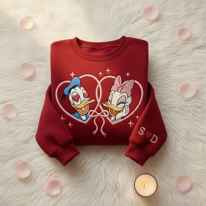 Custom Embroidered Donald and Daisy Valentine Sweatshirt, Disney Valentine Shirt, Disney Couple Hoodie, Cute Disneyland Love Embroidery Gift