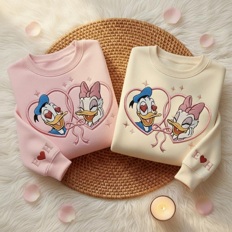 Custom Embroidered Donald and Daisy Valentine Sweatshirt, Disney Valentine Shirt, Disney Couple Hoodie, Cute Disneyland Love Embroidery Gift