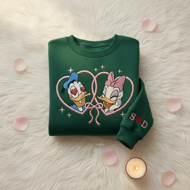 Custom Embroidered Donald and Daisy Valentine Sweatshirt, Disney Valentine Shirt, Disney Couple Hoodie, Cute Disneyland Love Embroidery Gift