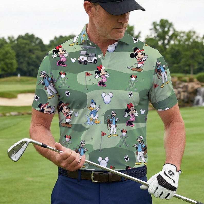 Disney Mickey and Friends Golf Polo Shirt, Mickey Minnie Donald Goofy Golf Shirt, Cartoon Disney Golfer Polo, Funny Golf Pattern Shirt