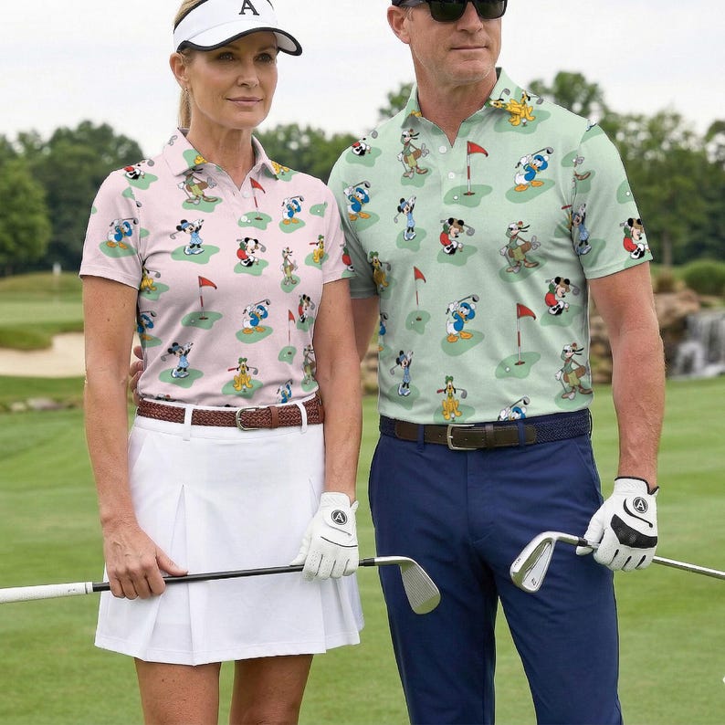Matching Disney Golf Polo Shirts, Mickey Minnie Donald Goofy Pluto Pattern Shirt, Cute Cartoon Golf Outfit, Funny Disney Golfer Wear