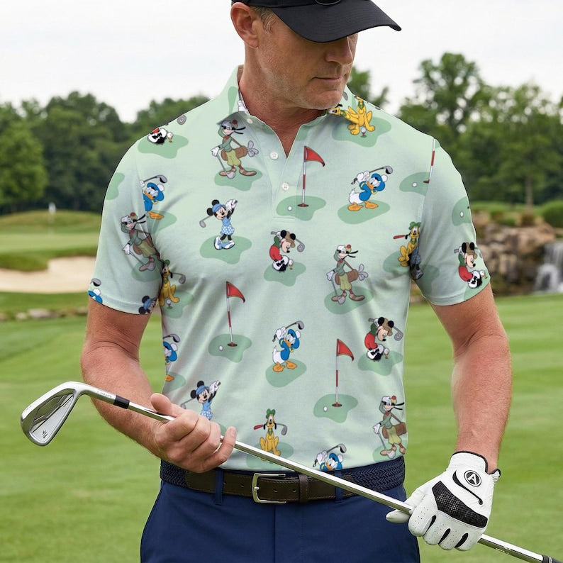 Matching Disney Golf Polo Shirts, Mickey Minnie Donald Goofy Pluto Pattern Shirt, Cute Cartoon Golf Outfit, Funny Disney Golfer Wear