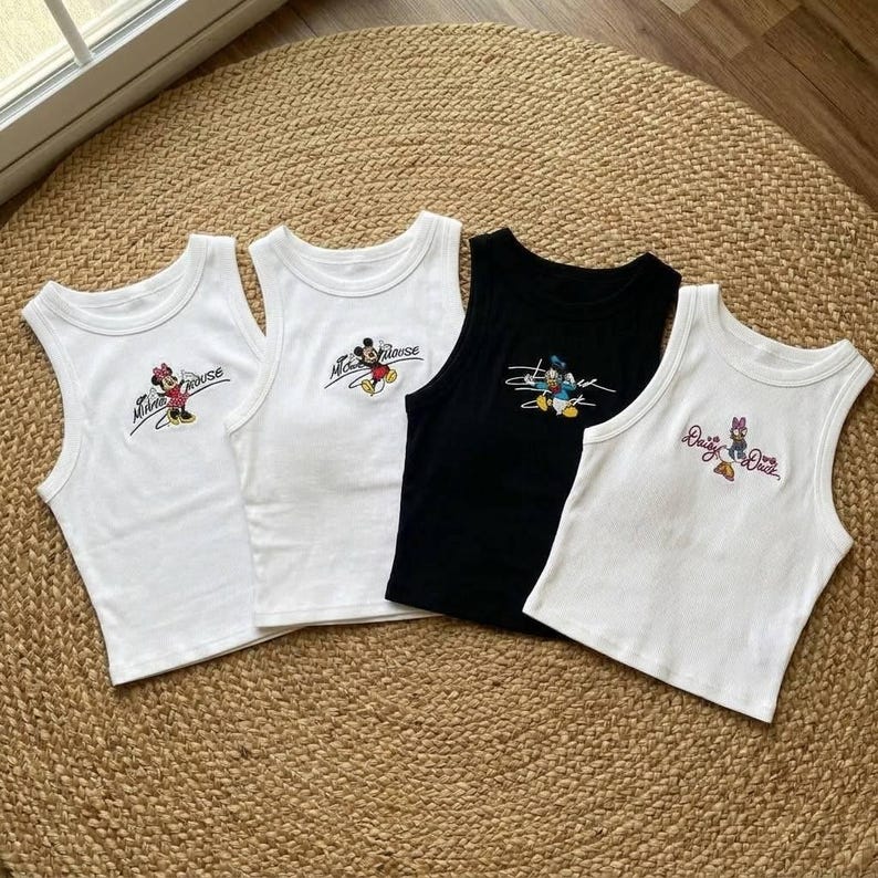 Cute Disney Tank Top Ribbed Crop Top Mickey Minnie Donald Daisy Shirt Women Summer Graphic Tee Vintage Cartoon Y2K Top
