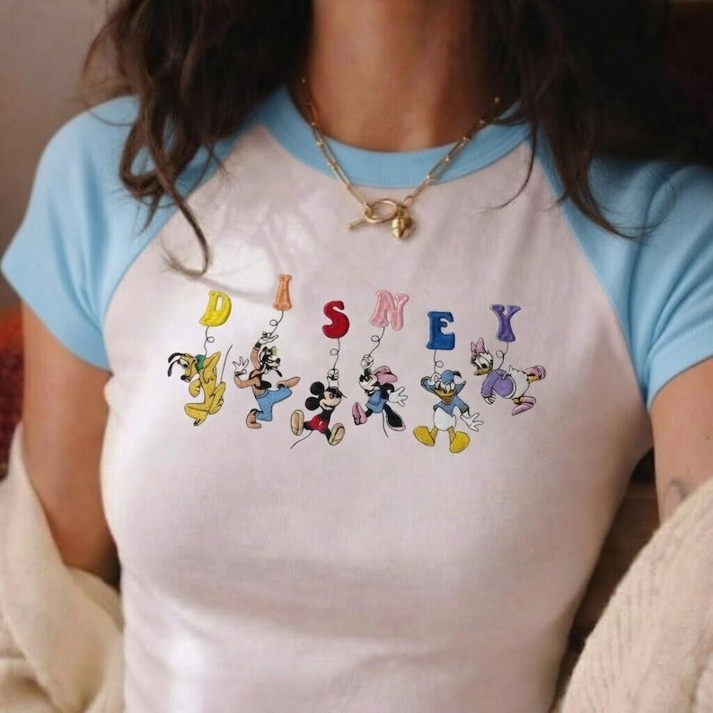 Embroidered Disney Characters Raglan Baby Tee, Mickey Minnie Donald Daisy Goofy Pluto Shirt, Cute Cartoon Outfit Top