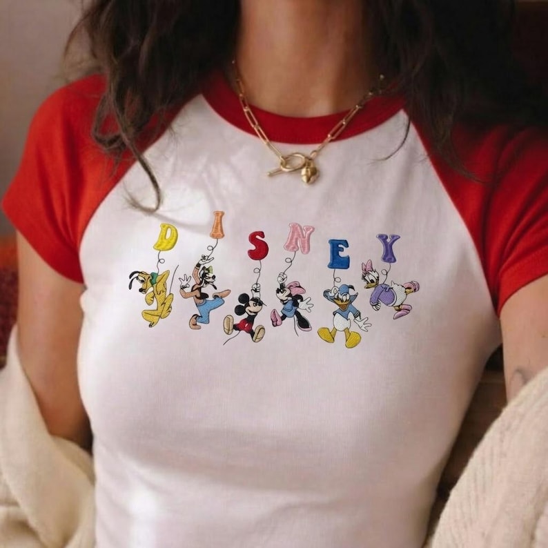 Embroidered Disney Characters Raglan Baby Tee, Mickey Minnie Donald Daisy Goofy Pluto Shirt, Cute Cartoon Outfit Top
