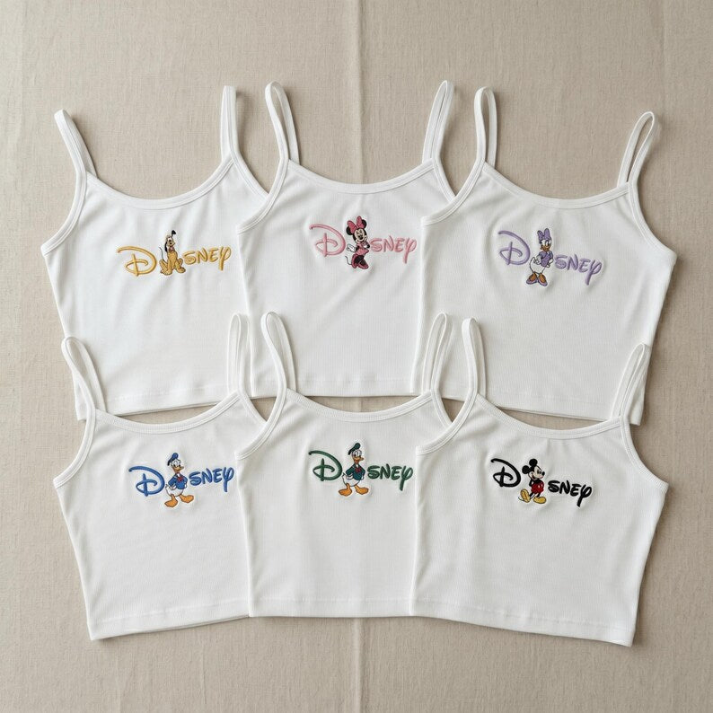 Disney Character Tank Top, Embroidered Cartoon Tank, Mickey Minnie Donald Daisy Ribbed Crop Top, Mickey And Friend Tank, Disney Summer Tee