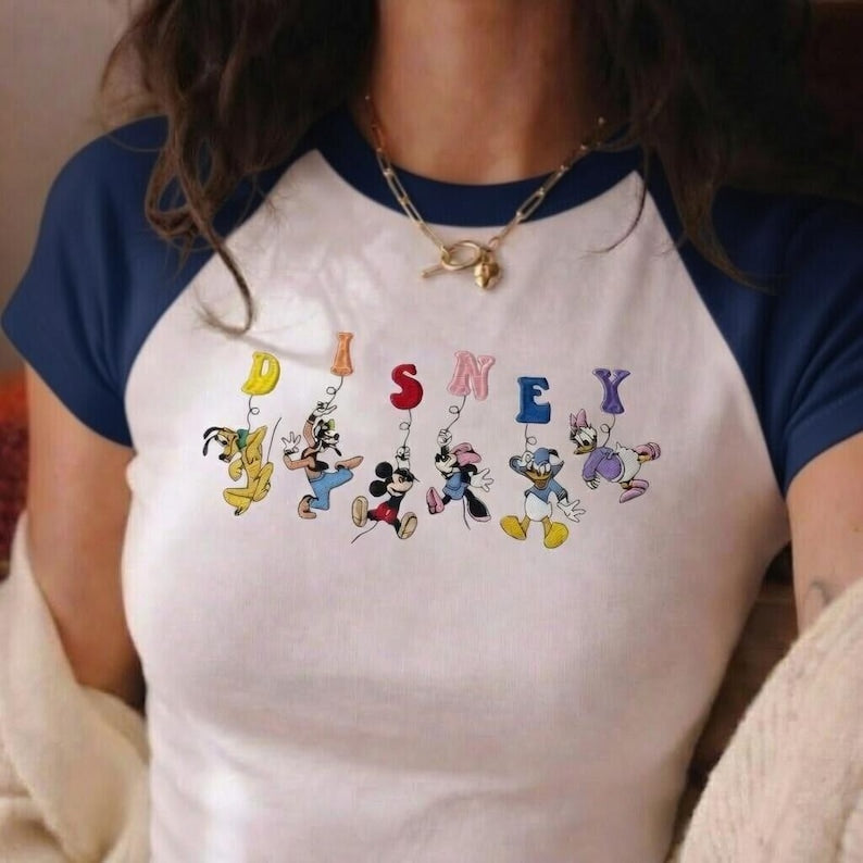 Embroidered Disney Characters Raglan Baby Tee, Mickey Minnie Donald Daisy Goofy Pluto Shirt, Cute Cartoon Outfit Top