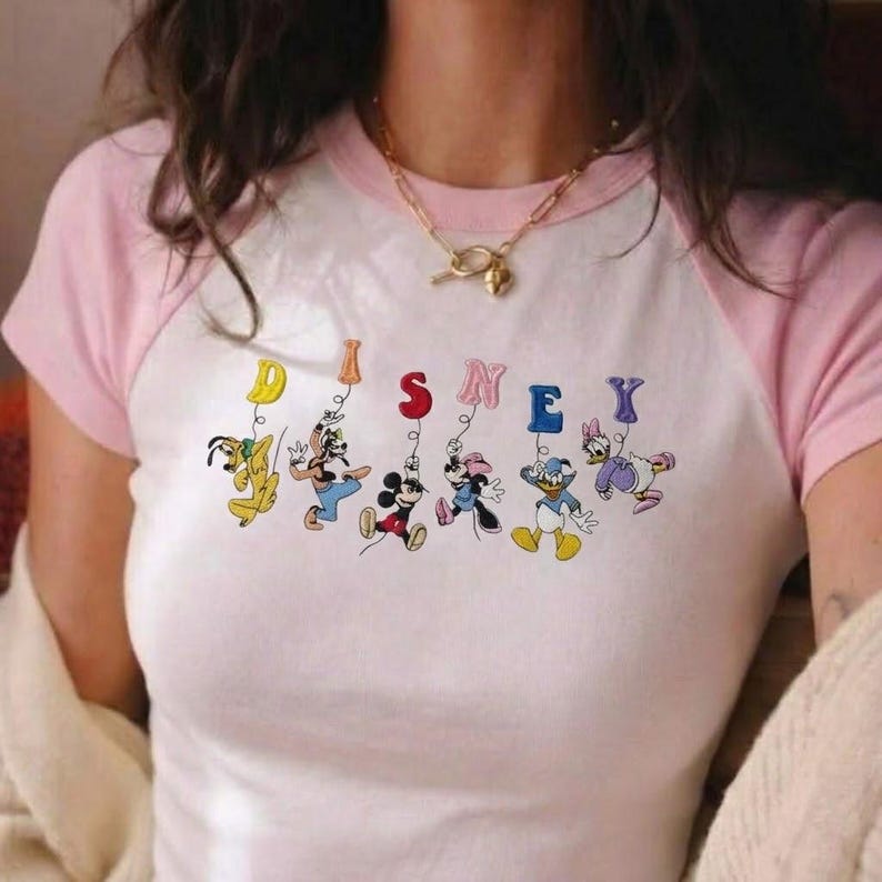 Embroidered Disney Characters Raglan Baby Tee, Mickey Minnie Donald Daisy Goofy Pluto Shirt, Cute Cartoon Outfit Top