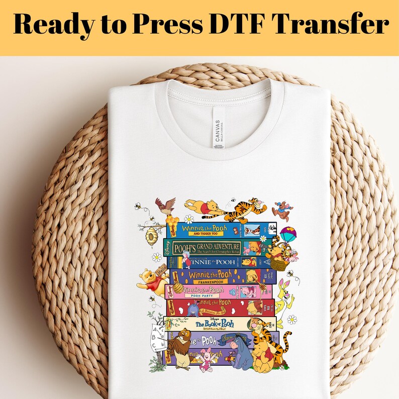 Vintage Winnie The Pooh Books DTF Transfer, Pooh VHS Collection Ready To Press, Tigger Piglet Eeyore Retro Cartoon Shirt Transfer, Iron on