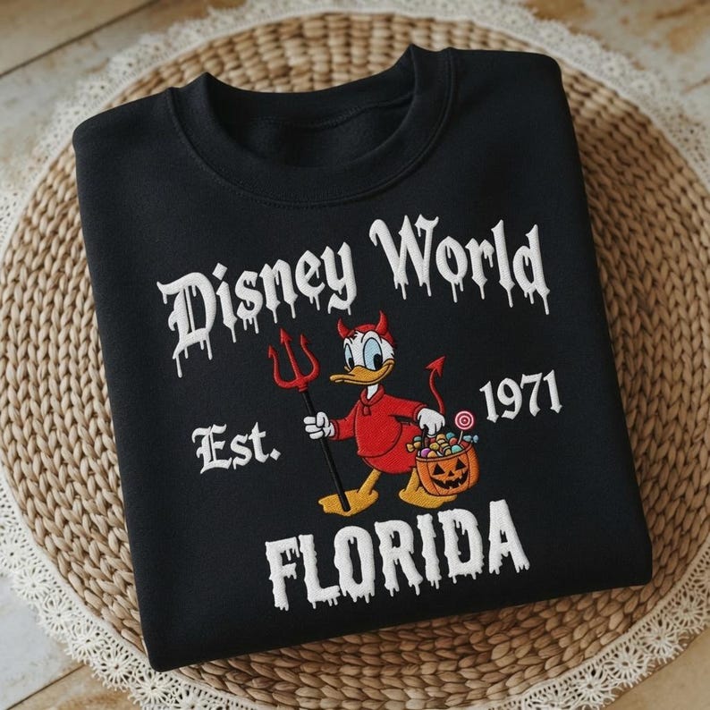 Embroidered Donald Duck Devil Halloween Sweatshirt, Disney WorldHalloween Crewneck, Donald Halloween Sweater, Spooky Disney Trip Shirt