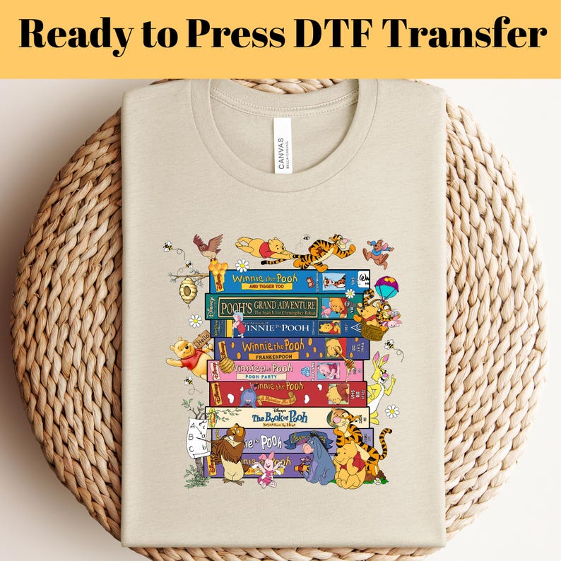 Vintage Winnie The Pooh Books DTF Transfer, Pooh VHS Collection Ready To Press, Tigger Piglet Eeyore Retro Cartoon Shirt Transfer, Iron on