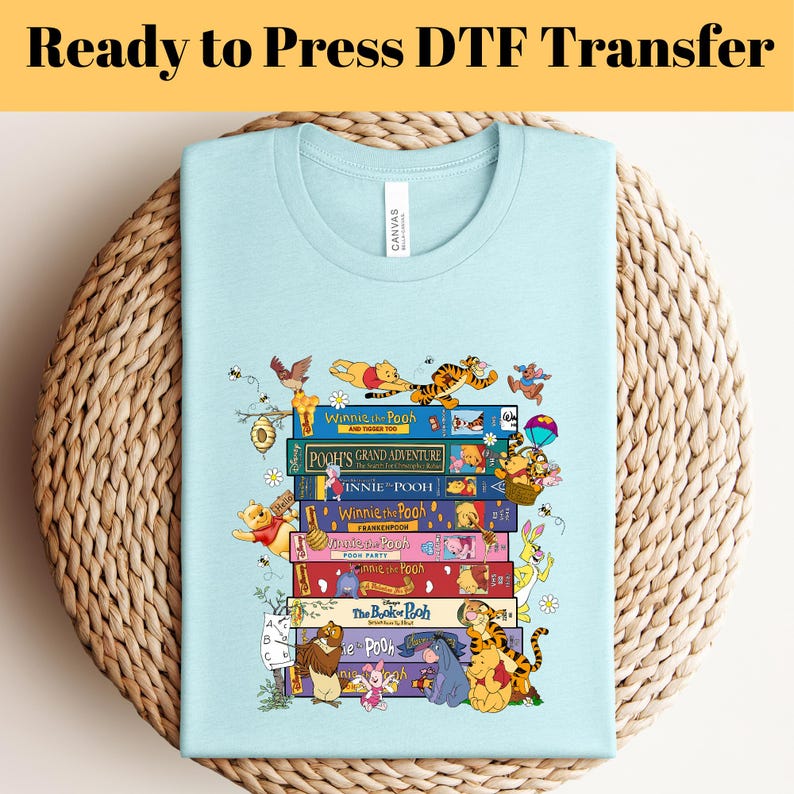 Vintage Winnie The Pooh Books DTF Transfer, Pooh VHS Collection Ready To Press, Tigger Piglet Eeyore Retro Cartoon Shirt Transfer, Iron on