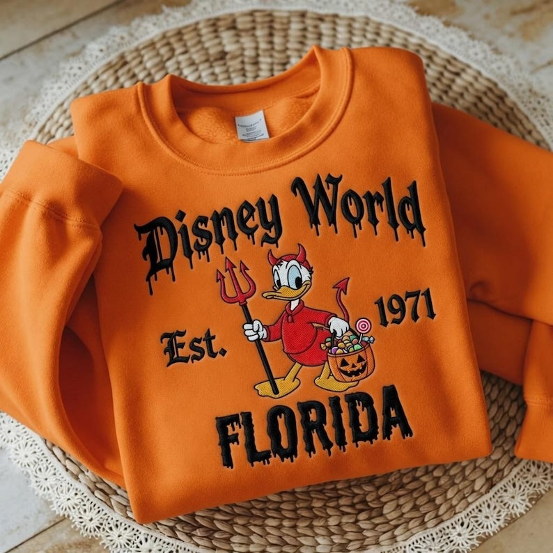 Embroidered Donald Duck Devil Halloween Sweatshirt, Disney WorldHalloween Crewneck, Donald Halloween Sweater, Spooky Disney Trip Shirt