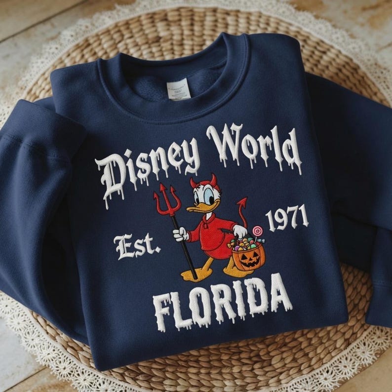 Embroidered Donald Duck Devil Halloween Sweatshirt, Disney WorldHalloween Crewneck, Donald Halloween Sweater, Spooky Disney Trip Shirt