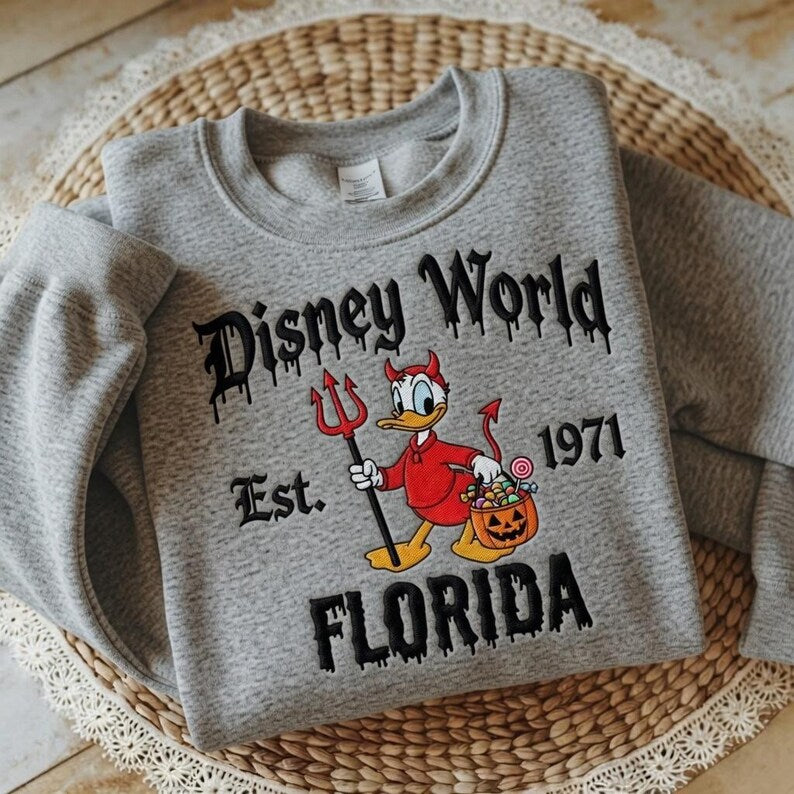 Embroidered Donald Duck Devil Halloween Sweatshirt, Disney WorldHalloween Crewneck, Donald Halloween Sweater, Spooky Disney Trip Shirt