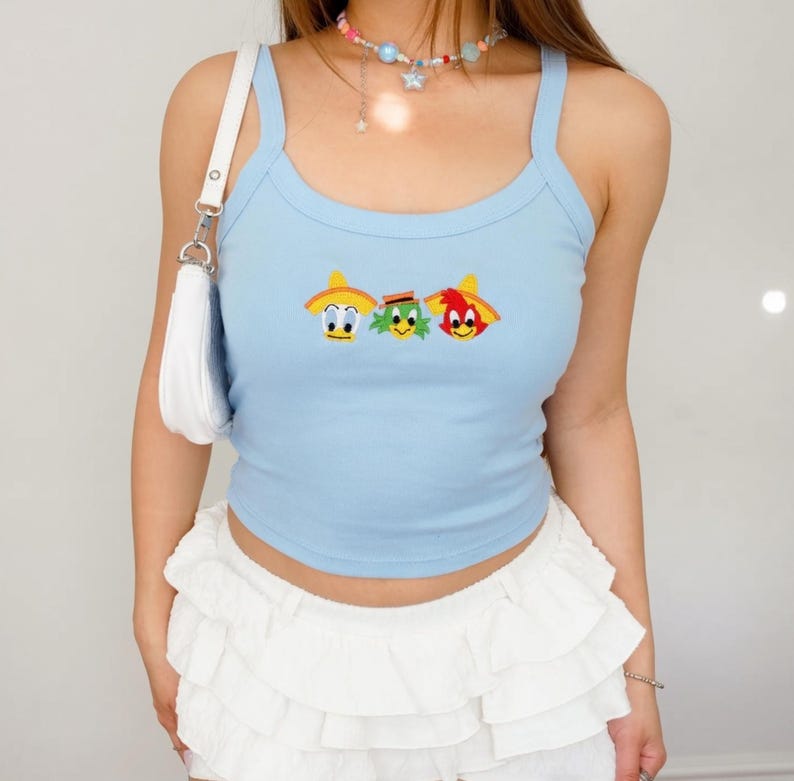 Three Caballeros Embroidered Spaghetti Strap Tank Top, Donald Duck Jose Carioca Panchito Embroidery Racer Tank, Disney Parks Baby Tee