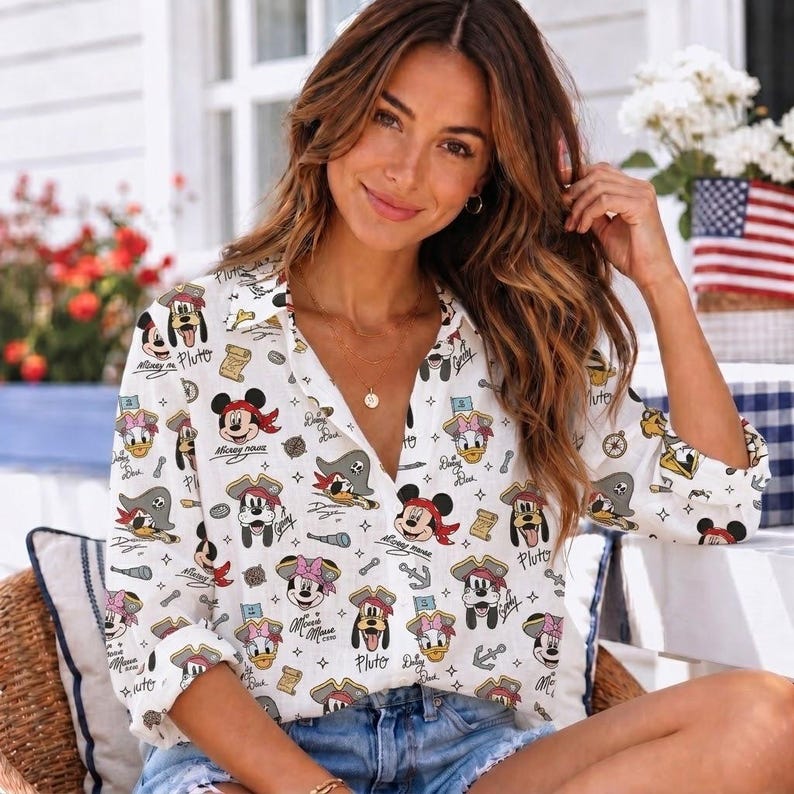 Disney Mickey And Friends Pirate Blouse, Minnie Daisy Donald Pluto Shirt, Women Disney Cruise Button Up, Disneyland Vacation Blouse Shirt