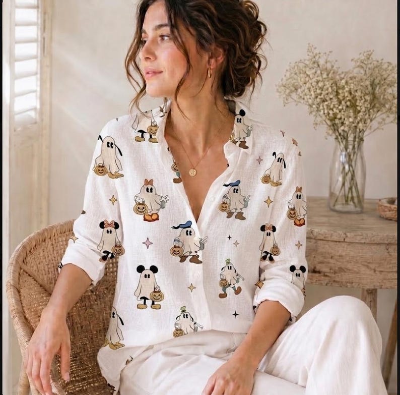 Disney Halloween Ghost Blouse, Mickey Minnie Donald Goofy Pumpkin Bucket Shirt, Women's White Button Up Spooky Cute Outfit, Halloween Outfit