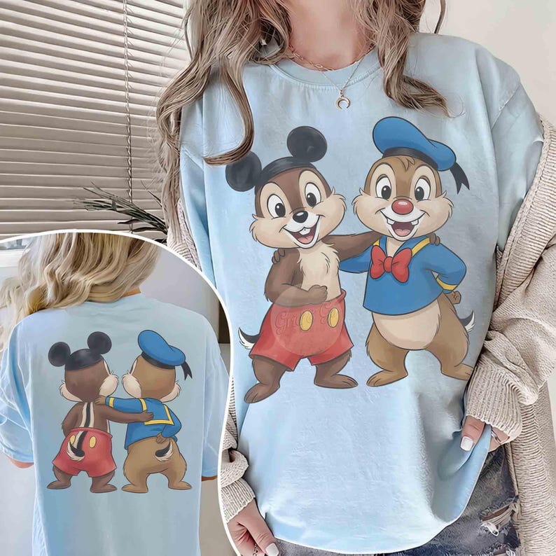 2-sided Comfort Colors Chip and Dale Costume Donald Mickey T-Shirt, Double Trouble Tee, Mickey Ears Hat Shirt, WDW Disneyland Family Trip