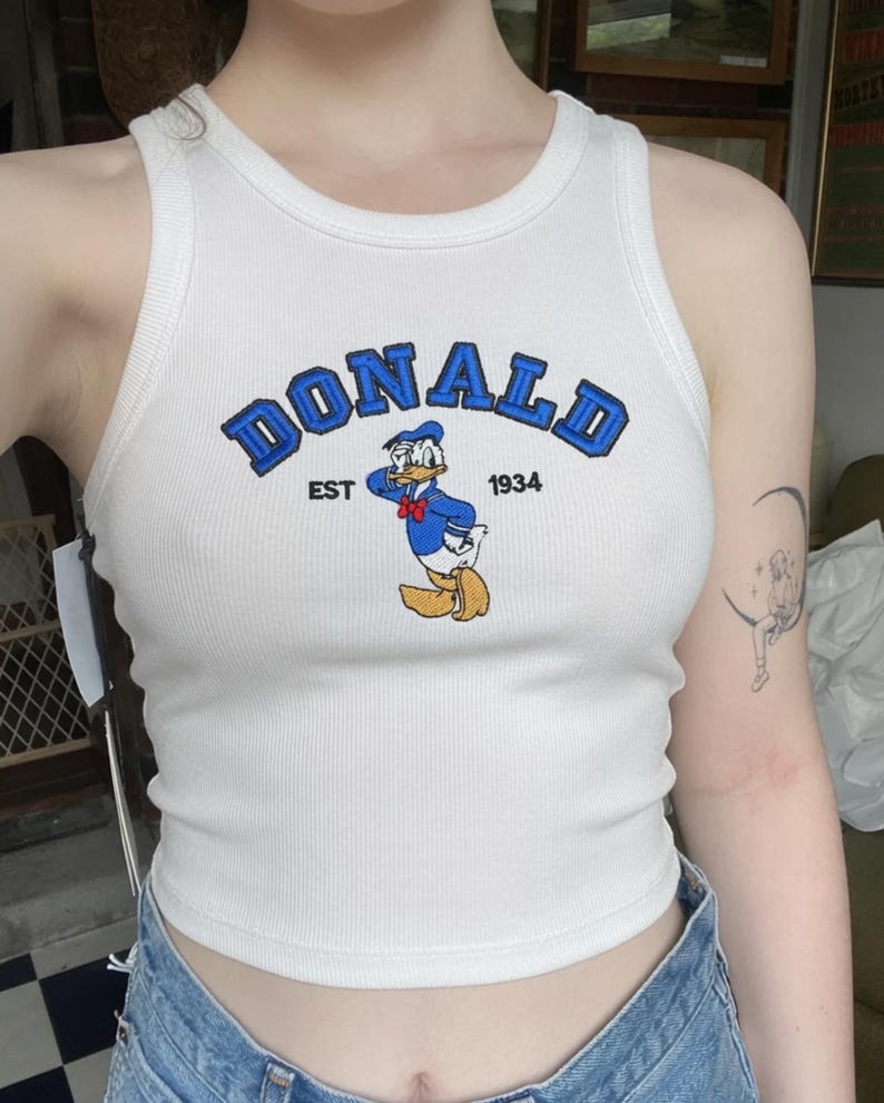 Disney Donald Duck Embroidered Spaghetti Strap Tank Top, Donald Duck Est 1934 Embroidery Racer Tank, Disneyland Donald Baby Tee