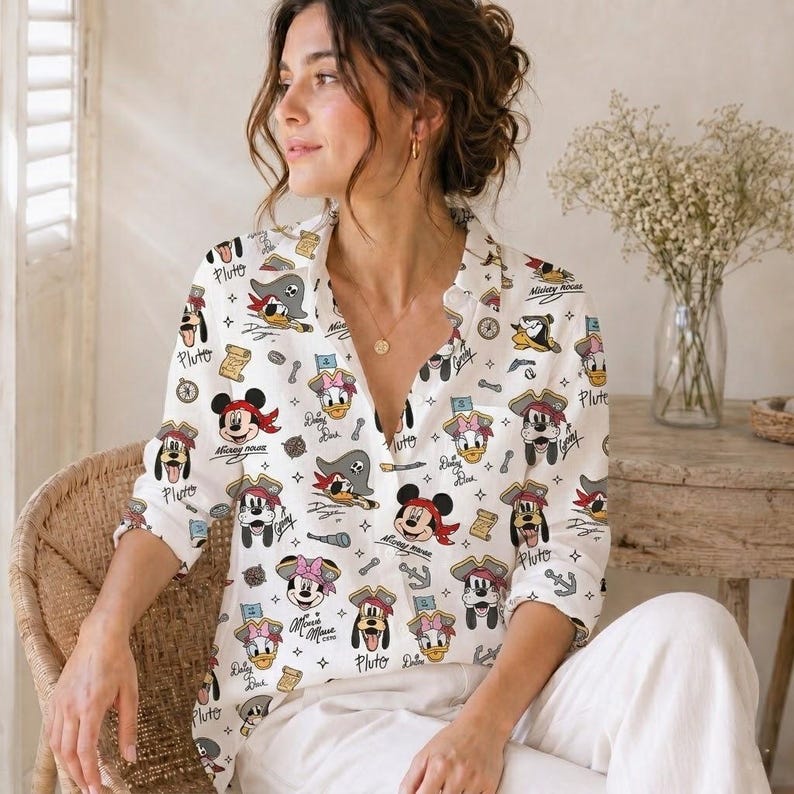 Disney Mickey And Friends Pirate Blouse, Minnie Daisy Donald Pluto Shirt, Women Disney Cruise Button Up, Disneyland Vacation Blouse Shirt
