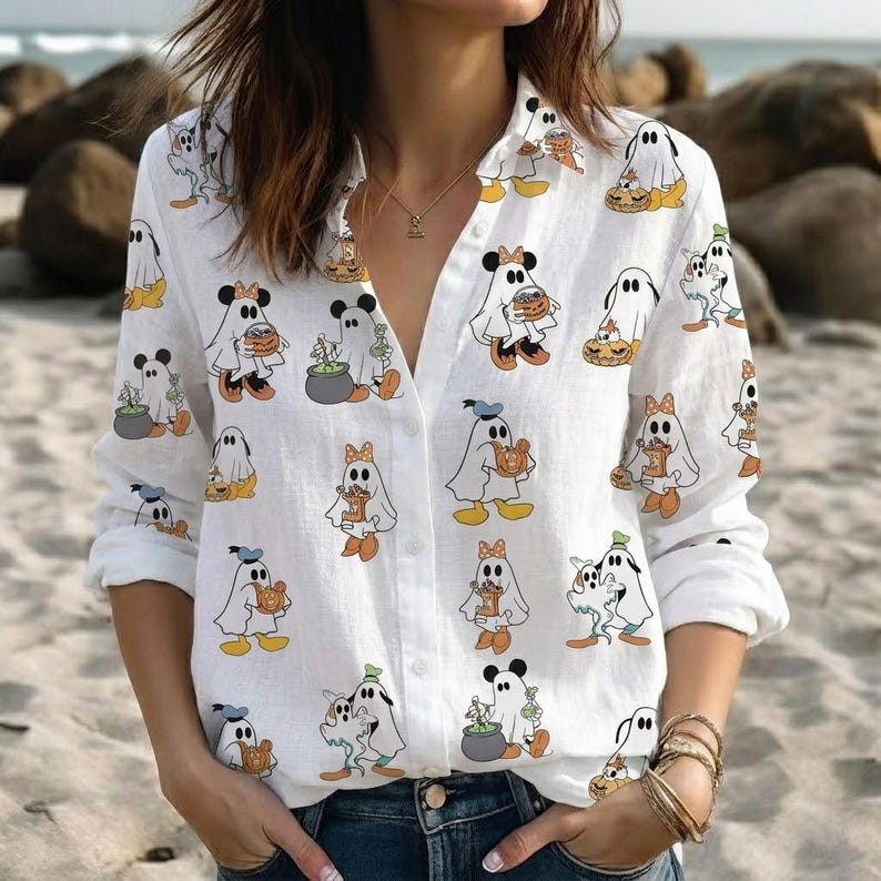 Disney Halloween Ghost Blouse, Mickey Minnie Donald Goofy Pumpkin Shirt, Women's Spooky Cute Button Up Vacation Top, Disney Spooky Shirt