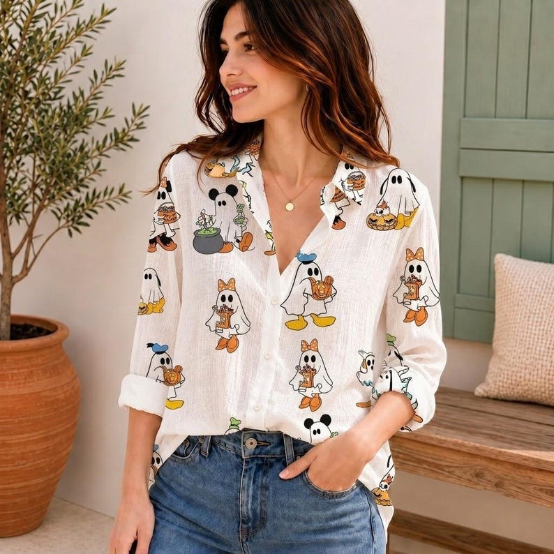 Disney Halloween Ghost Blouse, Mickey Minnie Donald Goofy Pumpkin Shirt, Women's Spooky Cute Button Up Vacation Top, Disney Spooky Shirt
